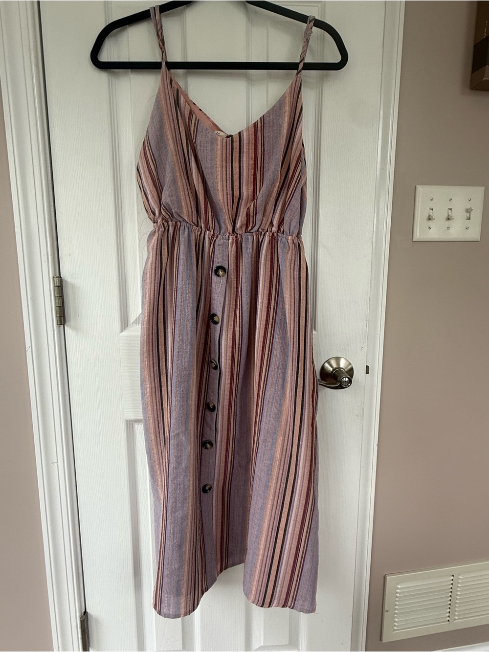Striped Spaghetti-Strap Midi Dress in Mauve and Taupe